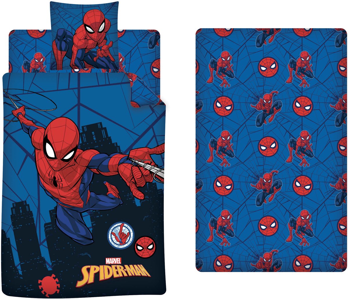 Spider-Man Marvel Beddenset 3 Stuks – DEKBEDOVERTREK 140x200 + Kussensloop 65x65 + Hoeslaken 90x200 – Polykatoen