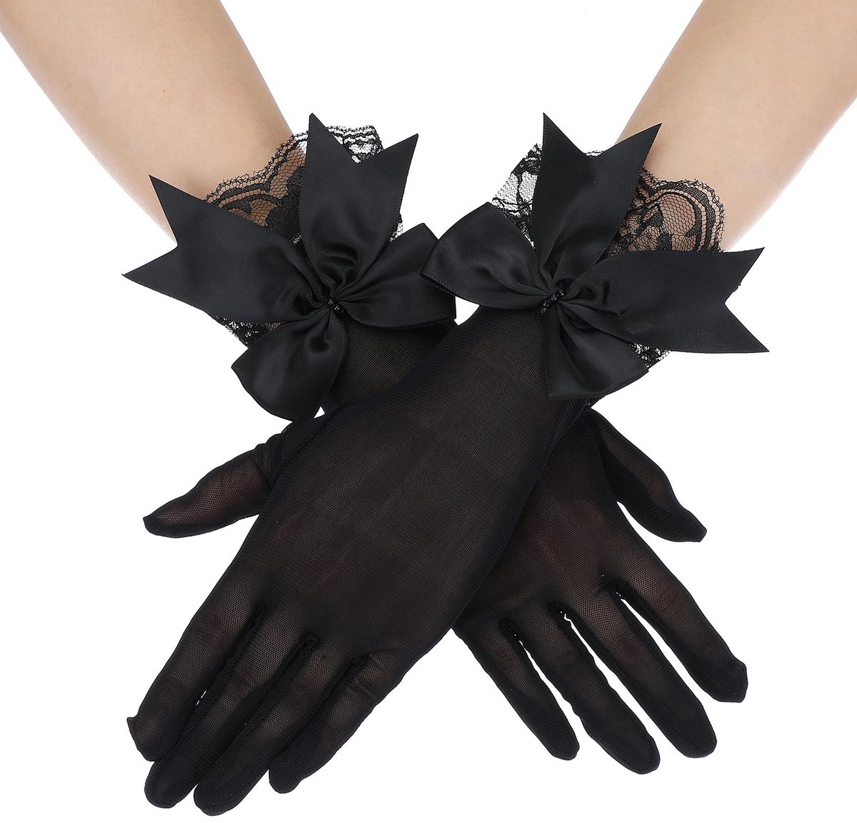 Solidchoice - Elegante Kanten Net-handschoenen voor Dames - Korte Zwarte Bruidshandschoenen