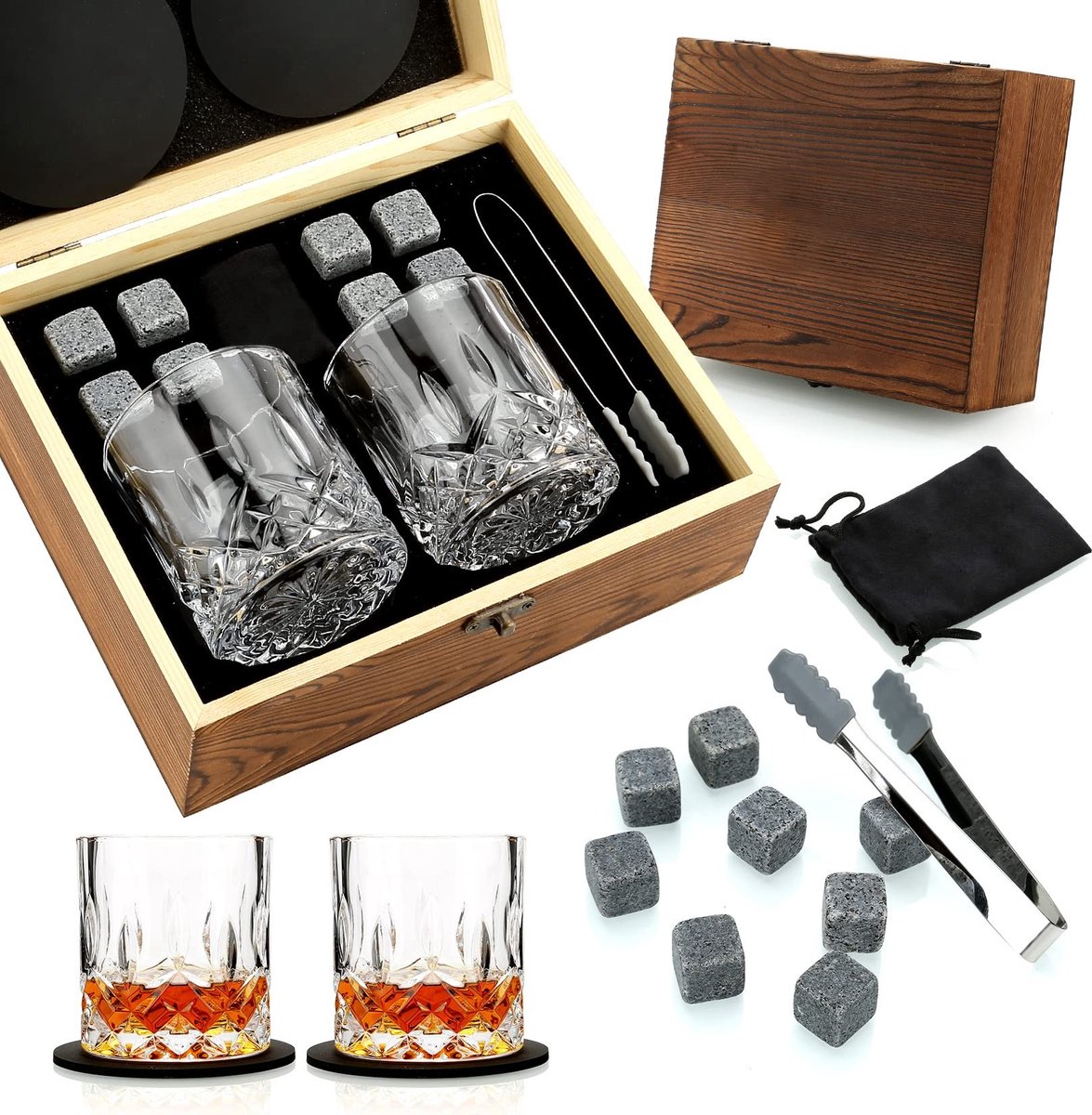 Dailygoods- Whiskyglazen Cadeauset - 2 Kristallen Whiskyglazen - 8 Whiskystenen - Houten Doos - Verjaardagscadeau - Luxe Geschenk - Whiskyset
