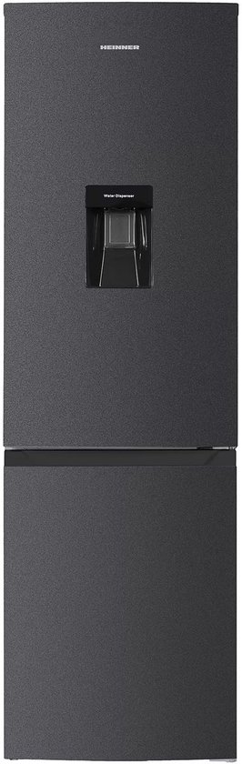Antracietgrijze Heinner koel-vriescombinatie met waterdispenser op de bovenste deur.