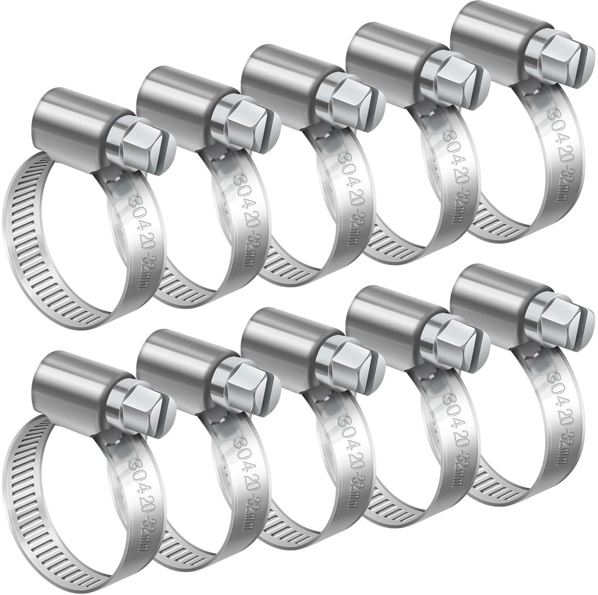 Dailygoods - Bolatus 20-32 mm verstelbare slangklemmen, 10 stuks roestvrijstalen wormaandrijvingsklemmen voor het beveiligen van verbindingen thuis gaspijp, waterleiding en brandstofleiding