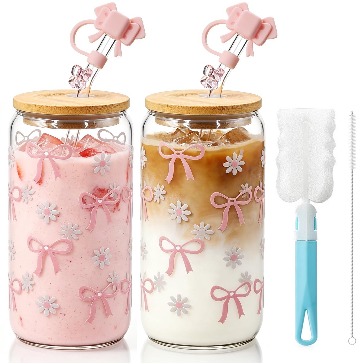 Dailygoods- Drinkglas Set 2 Stuks - Drinkglas met Deksel - Drinkglas met Rietje - Borosilicaatglas - 500ml - Aesthetic Design - Glazen Beker