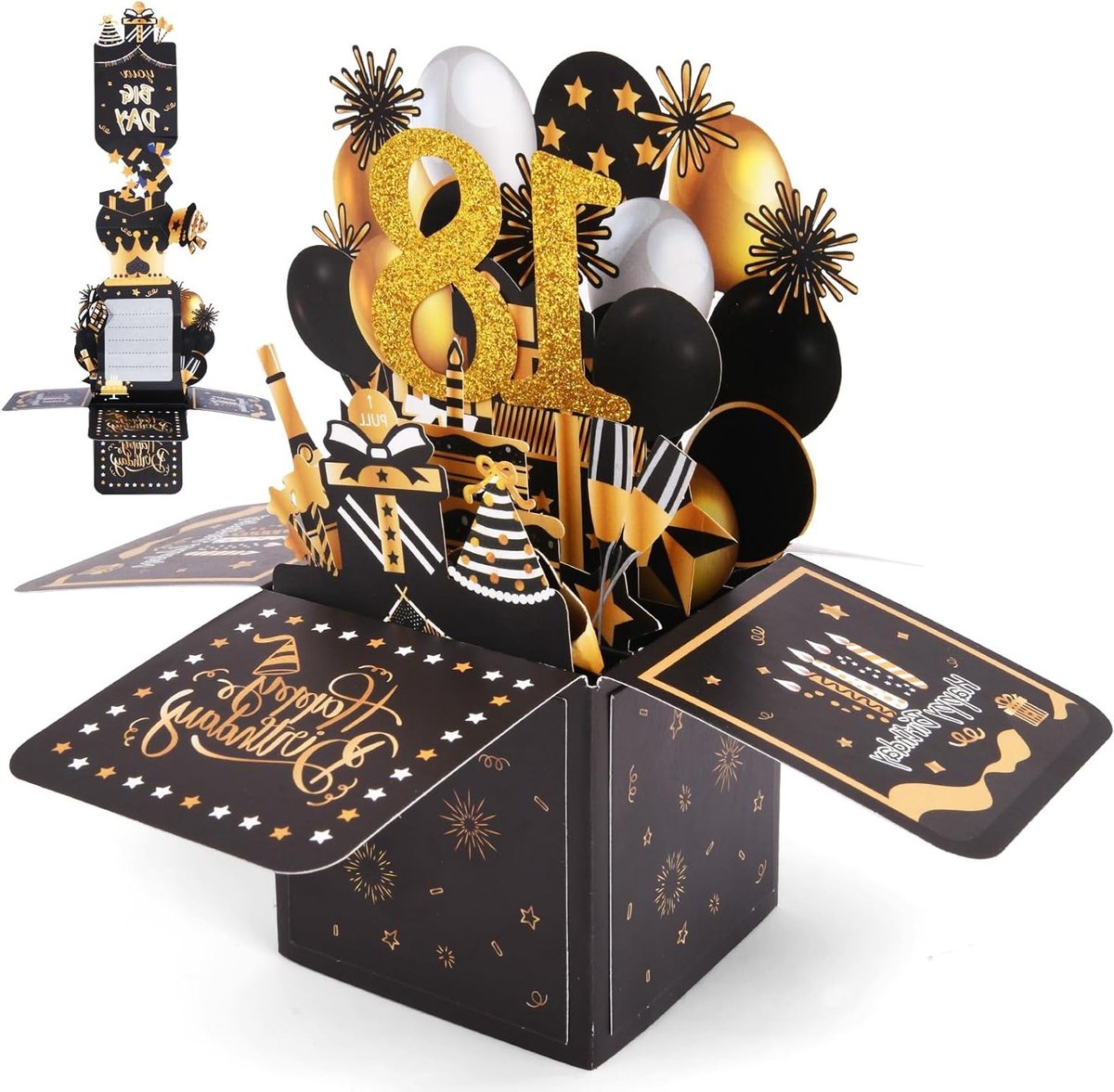 3D Verjaardagskaart voor 18e Verjaardag, Pop-up Kaart met Envelop, Uniek Cadeau voor Vrouwen, Kinderen en Mannen in Zwart en Goud