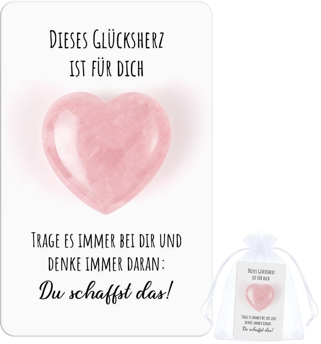 Dailygoods- Cadeauset Gelukshart - Roze Kristallen Hart - Motiverende Kaart - Organza Zakje - Geluksbrenger - Bemoedigend Cadeau