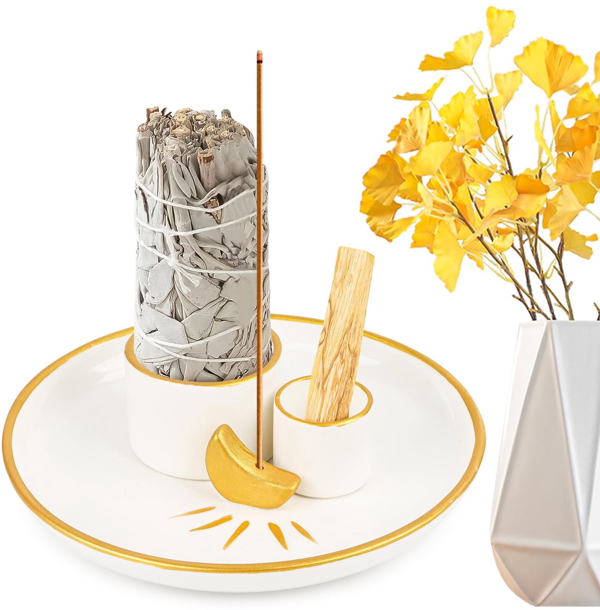 Solidchoice - Wierookstokjeshouder, maandesign, 4-in-1, Palo Santo wierookschaal, keramiek, wierookhouder, wierookschotel voor wierookwaren, Palo Santo wierookhout, salie roken, yoga, decoratie, meditatie