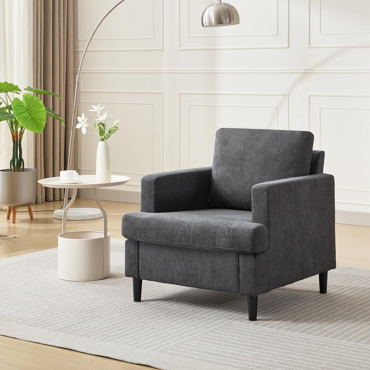 Linnen Eenzitsbank - Fauteuil Comfortabel met Armleuning en Rugleuning - Gestoffeerd Accentstoel met Houten Poten - Voor Woonkamer Slaapkamer of Kantoor - Grijs