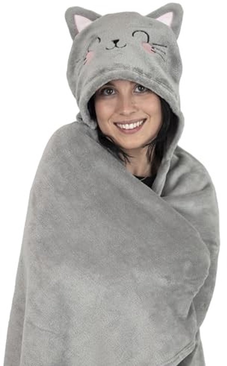 Kitty Hooded Blanket met Handwarmers - 150 x 125 cm