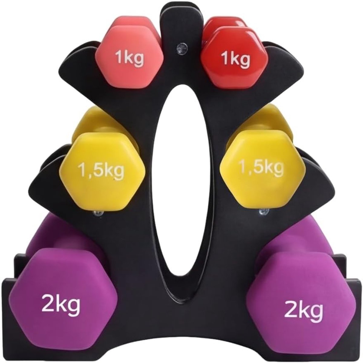 Plastic Dumbbell Stand met 3 Niveaus voor 6 Gymnastiek Dumbbells tot 8 kg, Verwijderbare Dumbbell Tree voor Thuisgym en Fitness