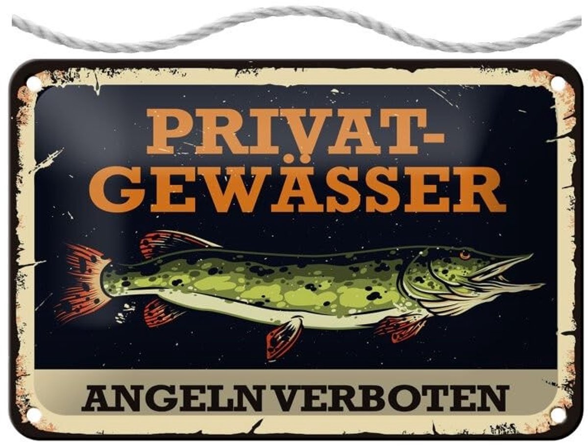 Metalen Bord met Koord - Verboden Water Vissen 30x20 cm