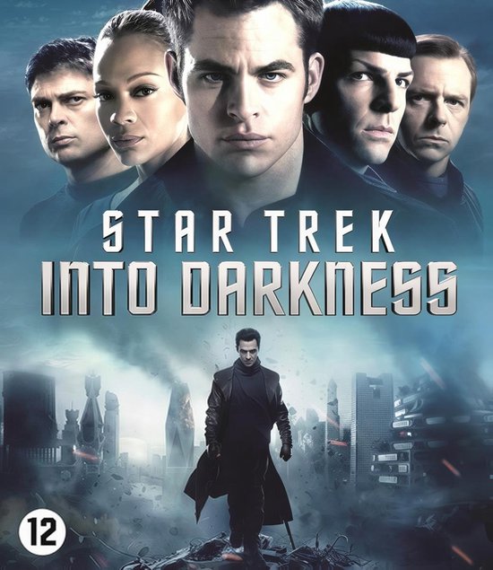 Filmcover Star Trek: Into Darkness met de gezichten van Kirk, Spock, Uhura, McCoy en Khan. Logo's en stadsgezicht.