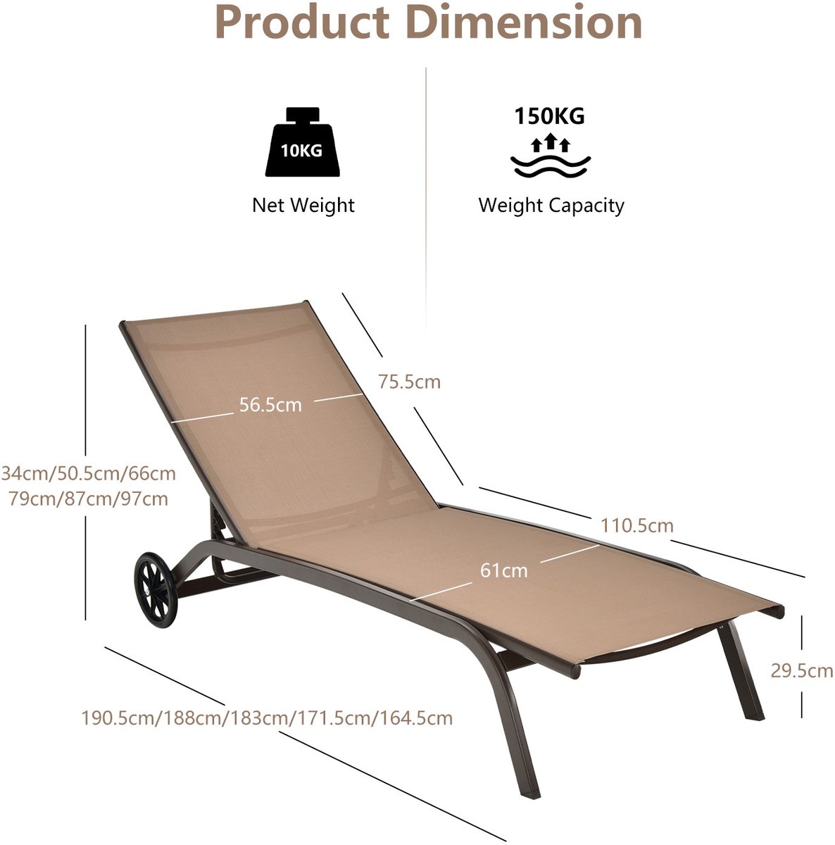 SureDeal® - Tuinstoel - Stucks Verstelbare Ligstoel - Buiten - Wielen - Sneldrogende Stof - Zwembad - Tuin - 191x187x181 cm - Koffiebruin