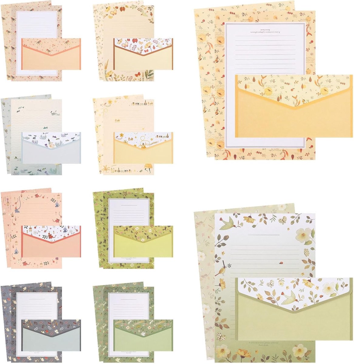 Complete Set van 90 Stukjes Briefpapier en Enveloppen voor Liefdesbrieven, Uitnodigingen en Wenskaarten in 10 Bloemenstijlen