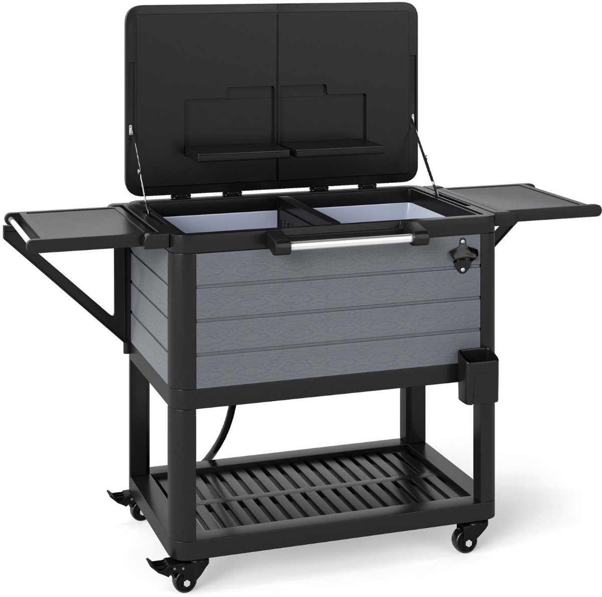 SureDeal® - Kamper - Koeltrolley - Zijplanken - Flesopener - Handdoekhouder Serveerwagen Zijtrolley - 83x50x85 cm - Zwart + Grijs