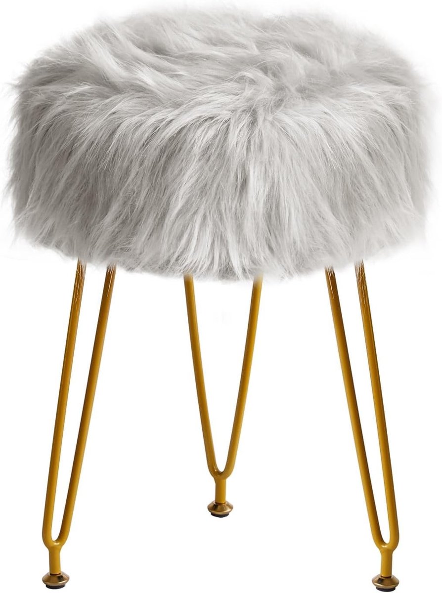 Faux Fur Poef voor Make-up en Woonkamer - Zacht Gepolsterd Rond Voetenbankje met 4 Metalen Poten in Grijs voor Slaapkamer en Hal
