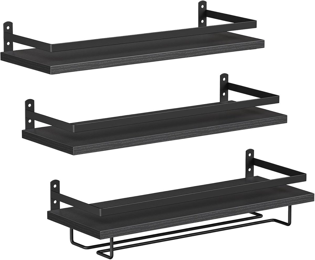 Wijnrek voor aan de muur, 3-delig set, zwevende planken voor wijnflessen en glazen, stijlvol zwart design