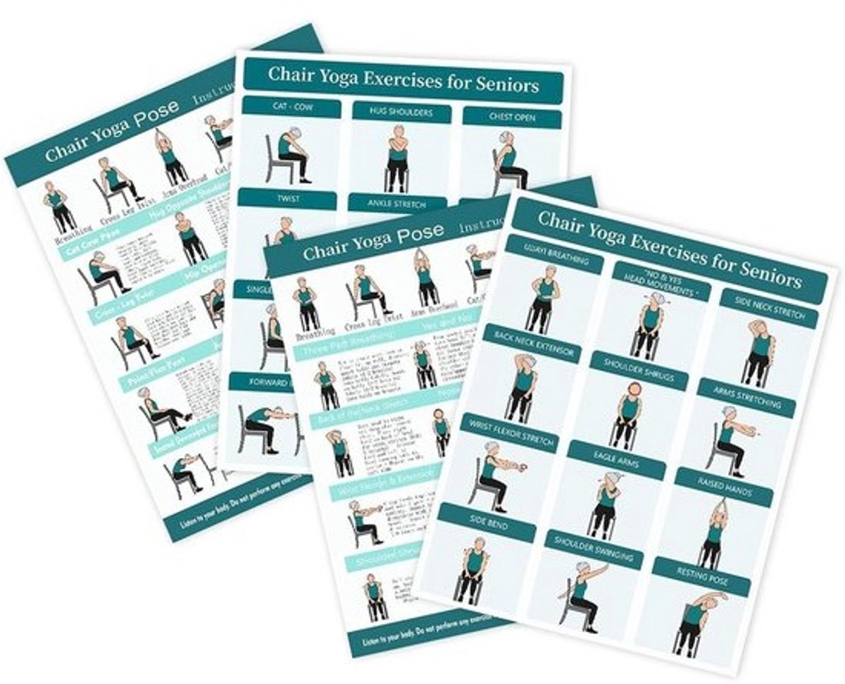 Stoel Yoga Kaarten - Zittende Oefeningen - Flexibiliteit Training - Geïllustreerde Gids - 4 Stuks - Groen
