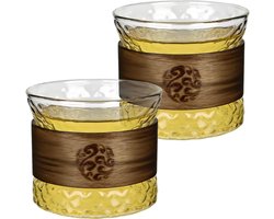 Set van 2 Espresso Kopjes 150 ml met Walnoot Sleeve, Borosilicaat voor Espresso, Cappuccino en Latte