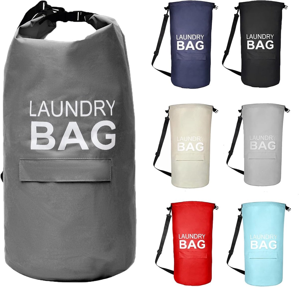 Ruime 71L Waszak met Pocket - Hangende Rugzak voor Vuile Kleding, Verstelbare Schouderbanden, Vouwbaar en Ideaal voor Studenten en Appartementen (Donkergrijs)
