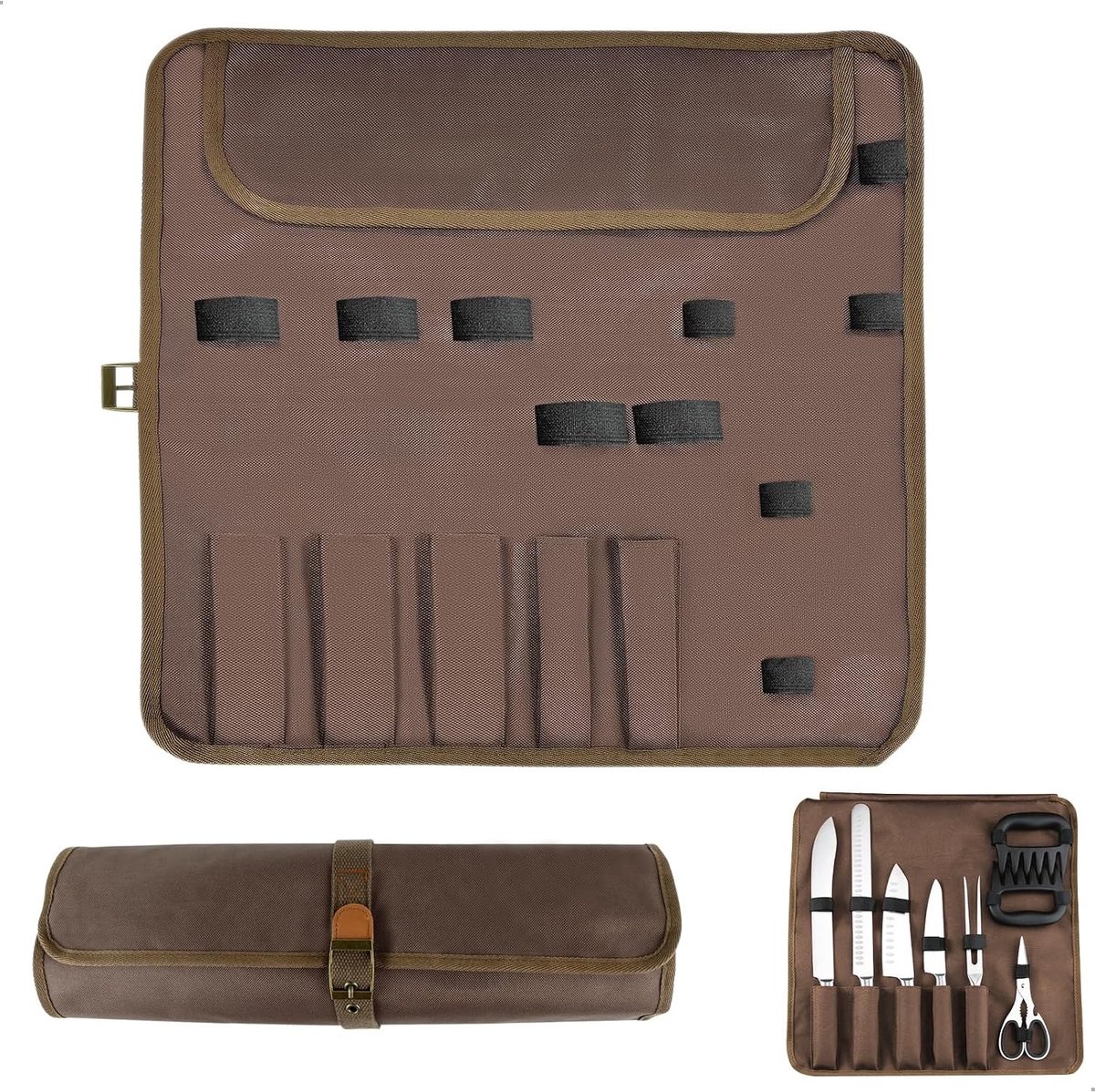 Professionele Keukenmes Tas met 5 Compartimenten, Waterdichte Rolltas voor Koken, Camping en Hiking, Bruin, Draagbaar en Handig