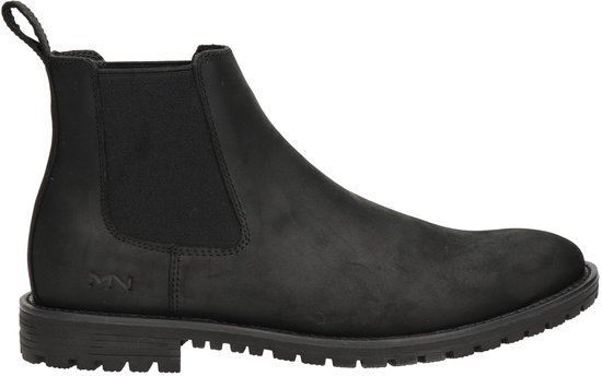 Zijzicht van zwarte chelseaboots met logo 'MN'.