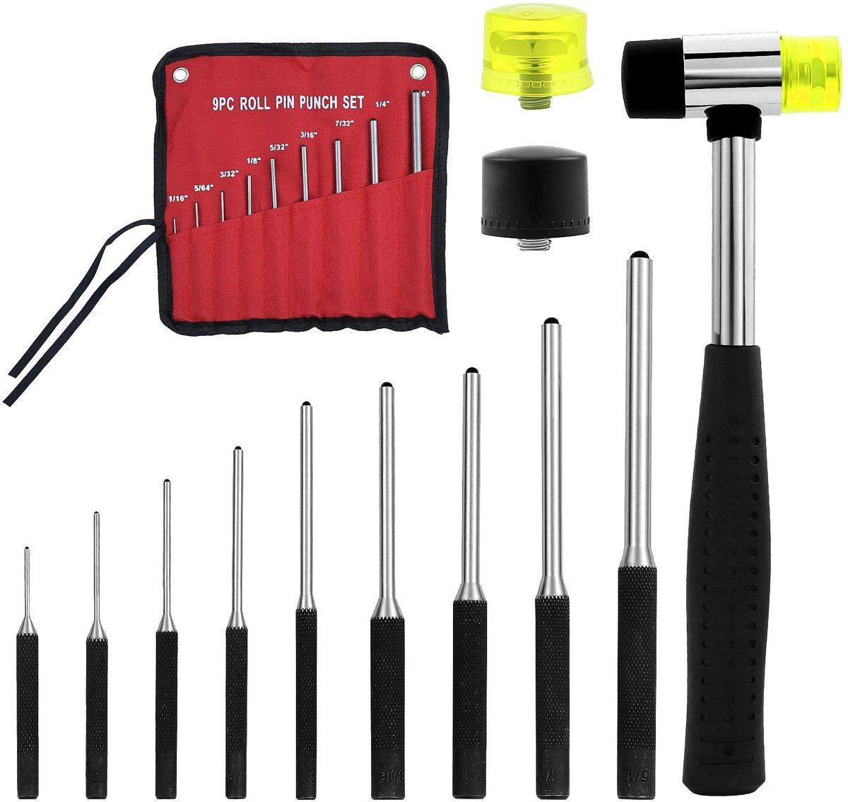 Cylindrische Punch Set - 9 pennen met hamer en rubber attachments
