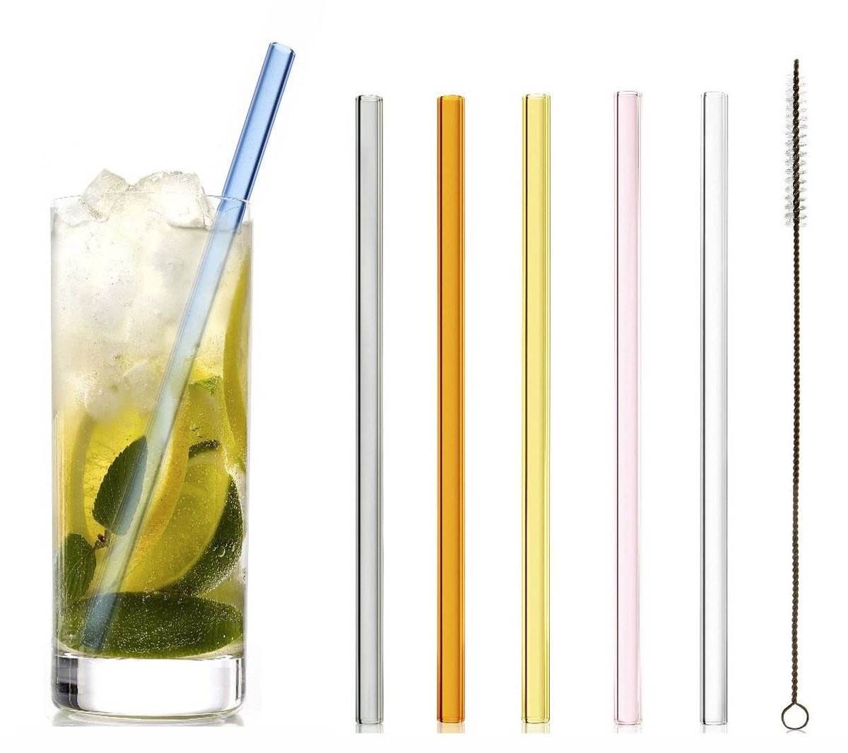 Longdrink Set van 13 - 6x Kristallen Glazen met 6x Glazen Rietjes, 400 ml