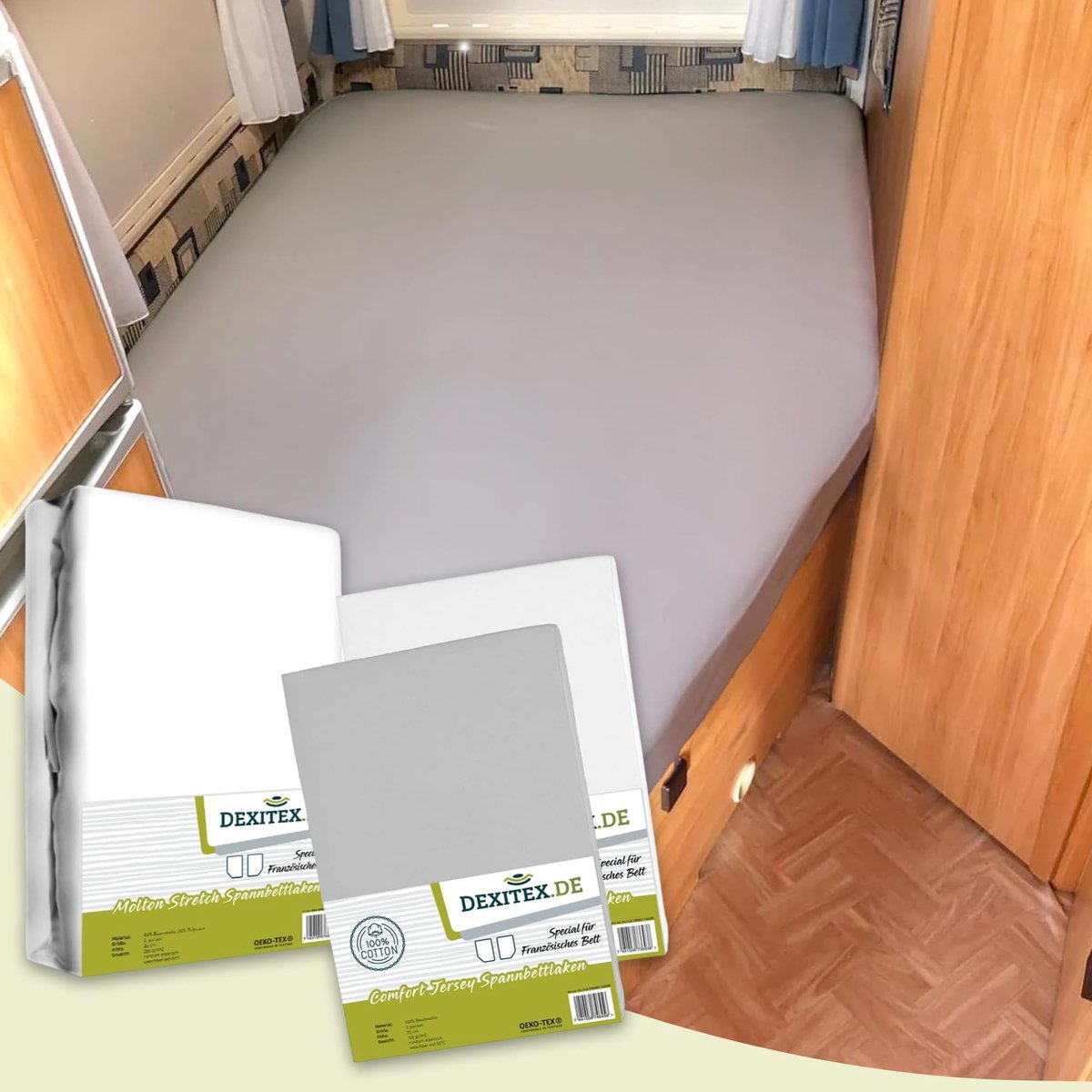 3-delige Bedlinnen Set voor Camper - 2 Hoeslakens Grijs + Wit + 1 Molton Matrasbeschermer