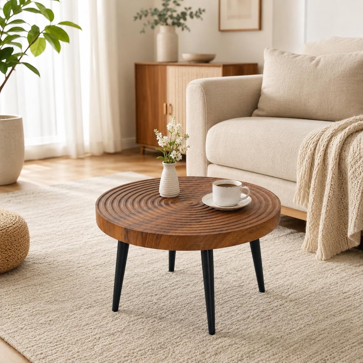 Ronde Koffietafel - Walnootlook met jaarringen