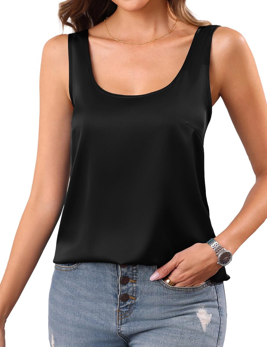 Dames Satin Tanktop - Losse Pasvorm - Zwart