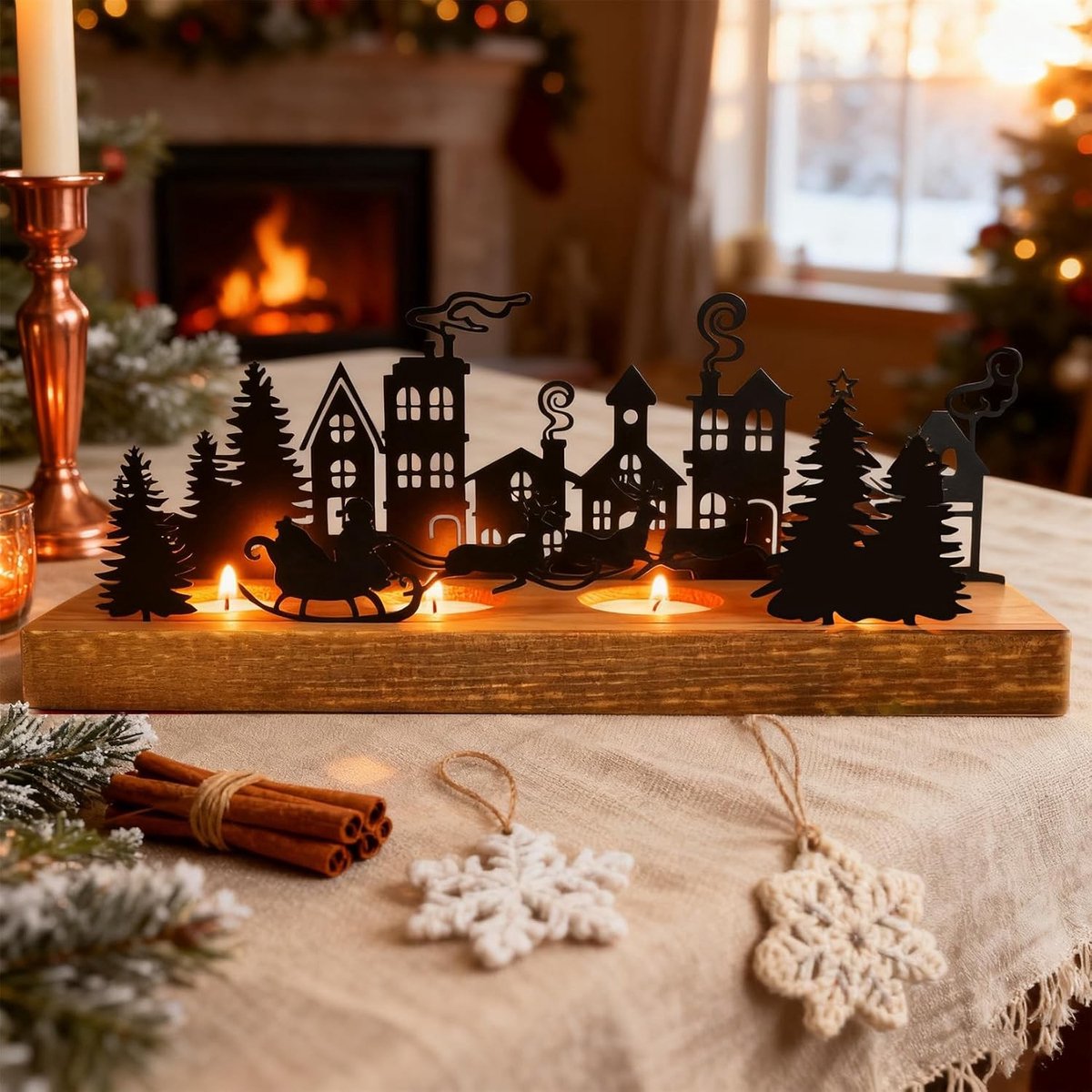 Moderne Adventskrans Kaarsenhouder voor Kerstmis - Oblong Theelichthouder met Houten Basis en Kaarsenplateau voor Sfeervolle Decoratie – foto 7