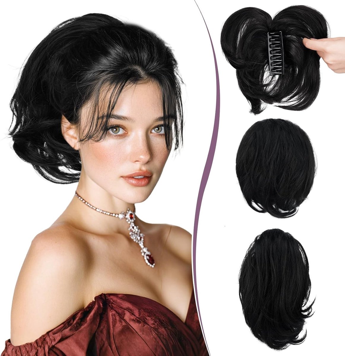Korte Ponytail van Menselijk Haar 23cm met Buigbare Clip voor DIY Stijlen, Messy Bun en Dikker Haar voor Vrouwen, Zwart