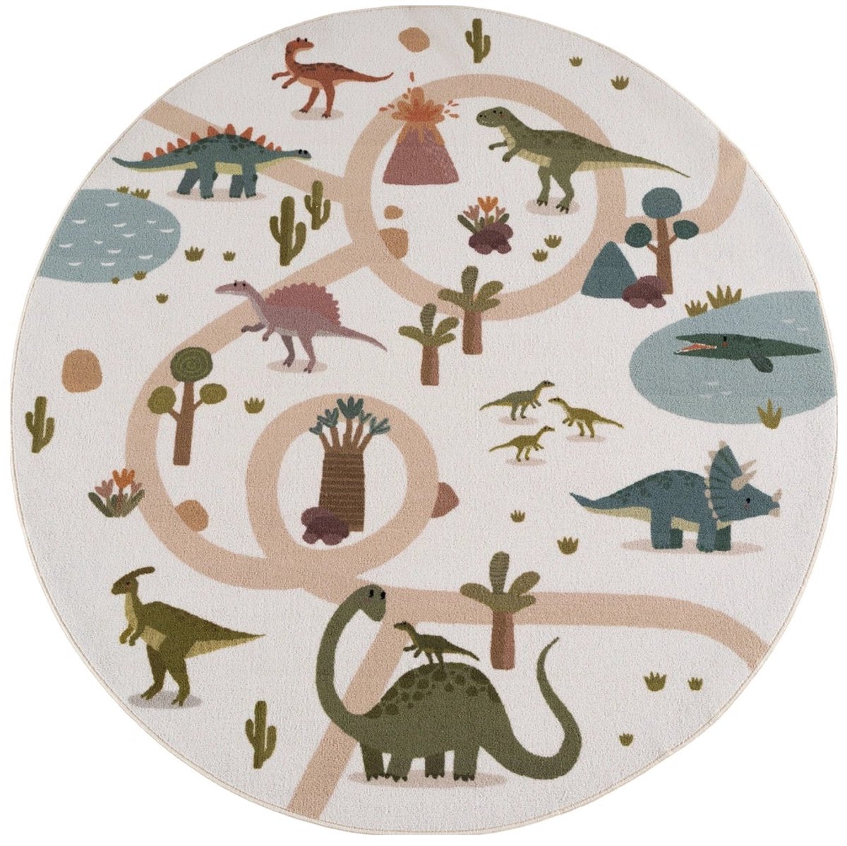 Dutch XXL Rond Speelkleed | Coco | Dinosaurus | Crème | 200x200 cm