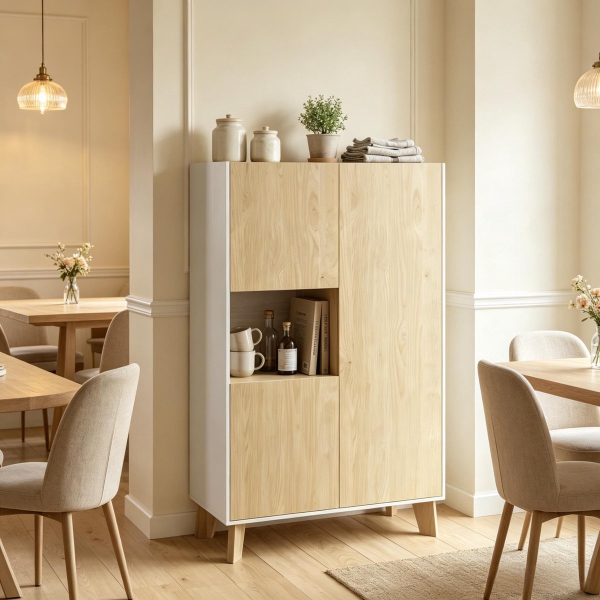 Clruro Dressoir - 80 x 40 x 135 cm - 6 Vakken - Softclose Deuren - MDF en Spaanplaat - Wit/Hout