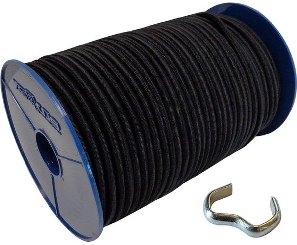 Expandertouw met klemmen - Rubberen kabel - Dekzeilen vastzetten - UV- en weerbestendig - 10 meter - Zwart