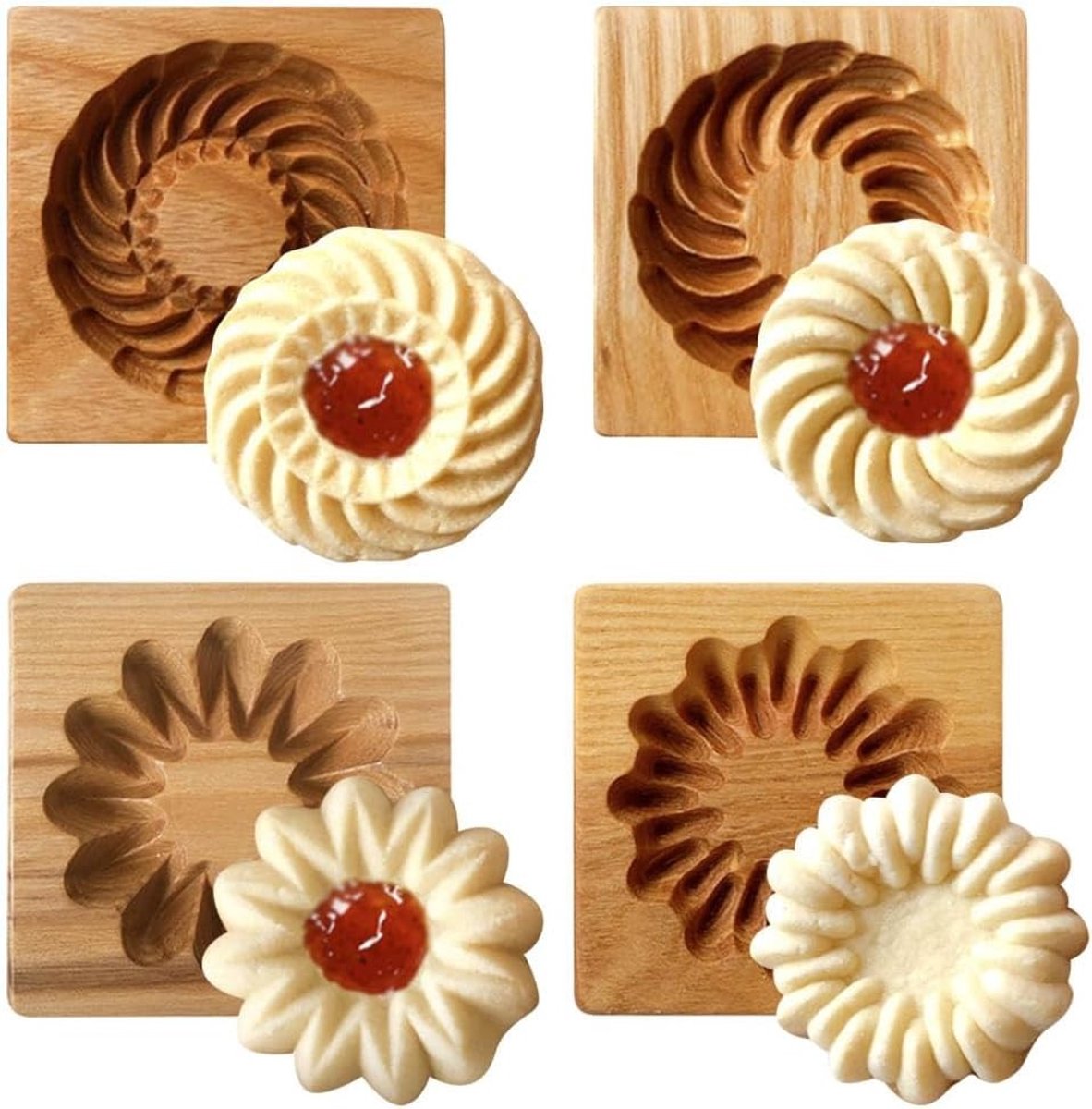 Set van 4 Houten Koekjesvormen voor DIY Koekjes, 3D Druk en Gegraveerde Vorm voor Kerstmis Bakgereedschap en Sandwich Stijl