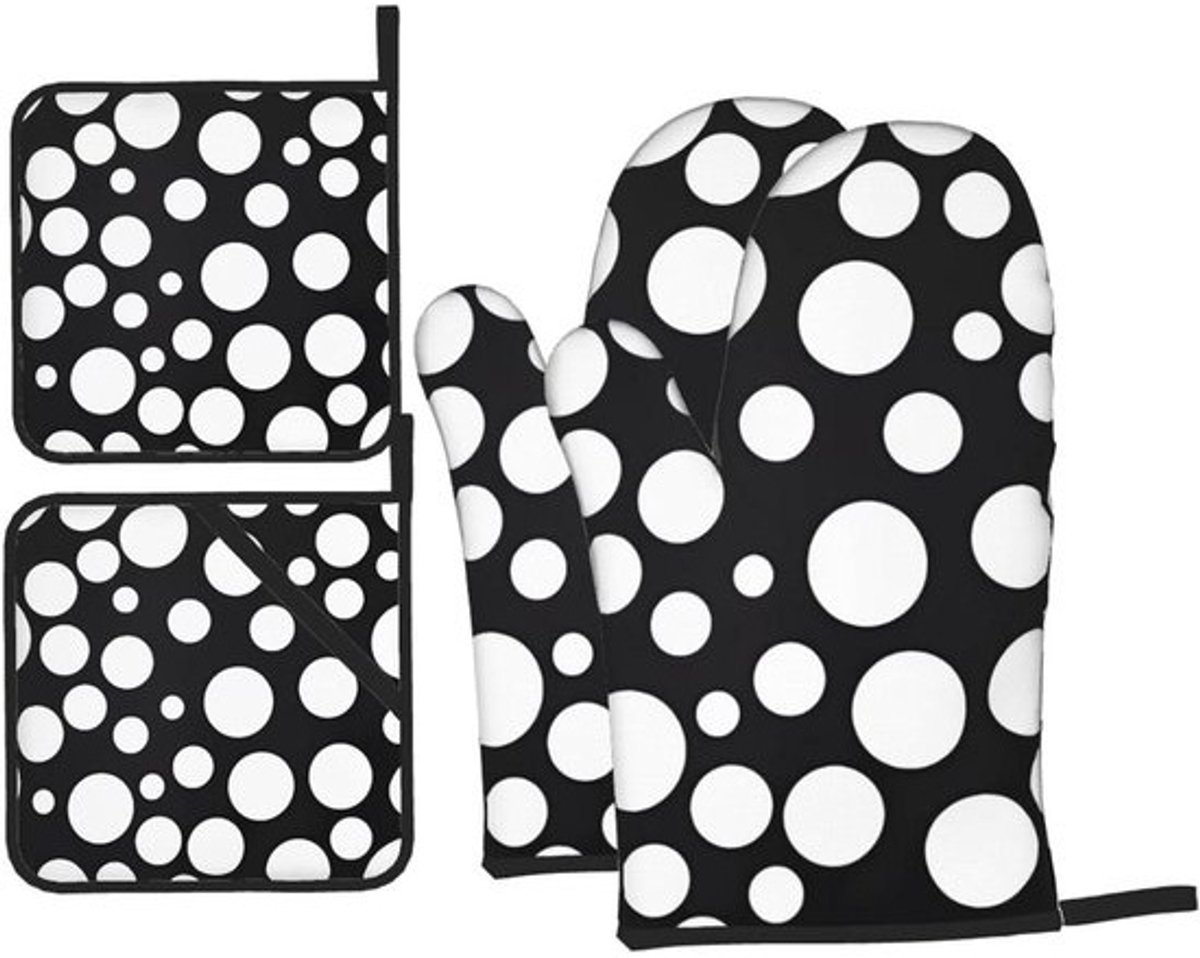 Keukenhandschoenen en Pannenlappen Set - Ovenwanten Hittebestendig - Koken en Bakken - Waterdicht Polyester - 4 Stuks - Zwart Wit