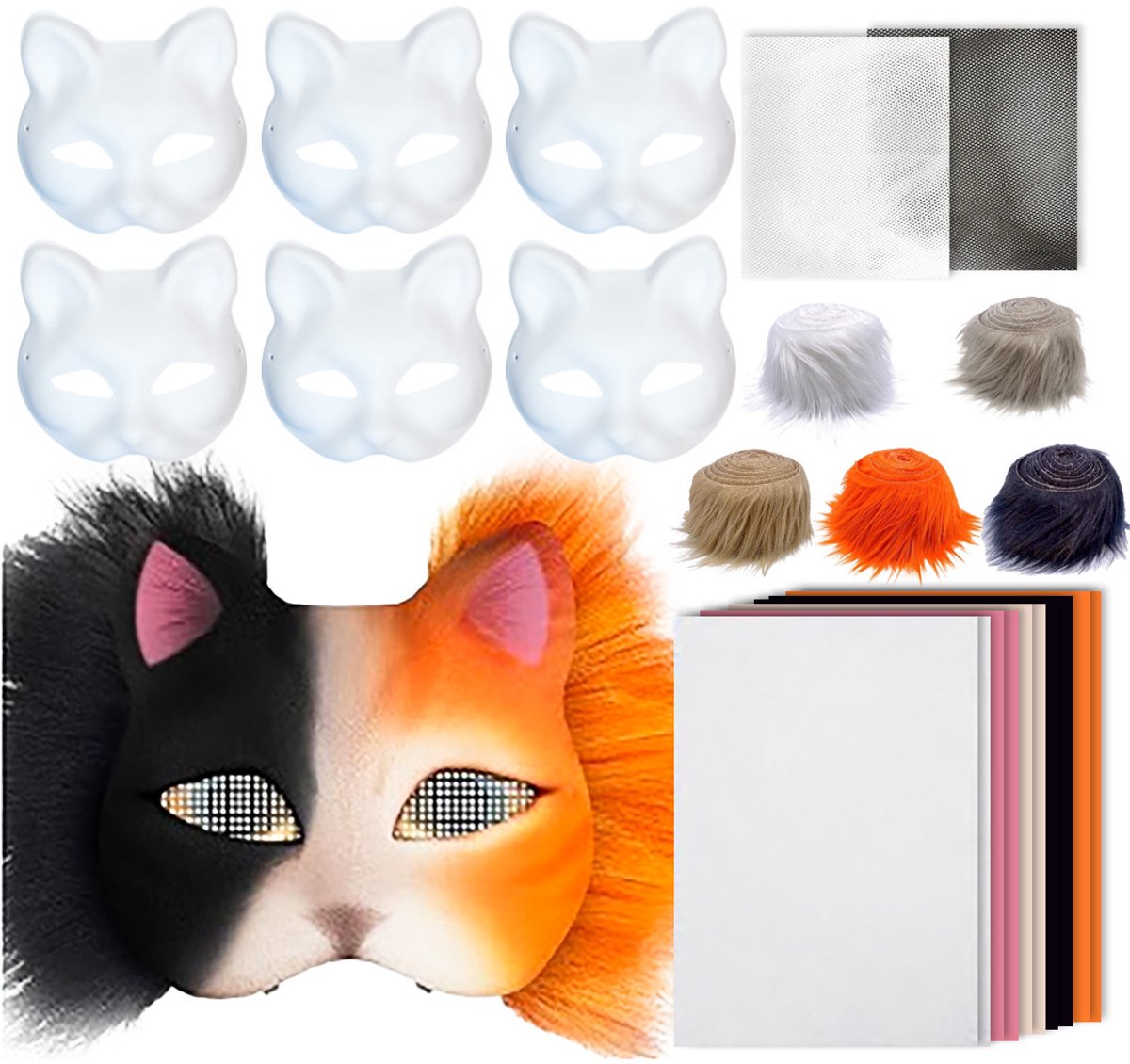 Maskerset - 6 DIY Therian Maskerset - Onbewerkte Kattenmasker - Met Vacht, Ooggaas en Vilt - Geschikt voor Gemaskerde Feestjes en Cosplay - Papieren Maskerbasis - Knutselpakket voor Rollenspel - Herbruikbaar - Eenvoudig te Schilderen en Versieren