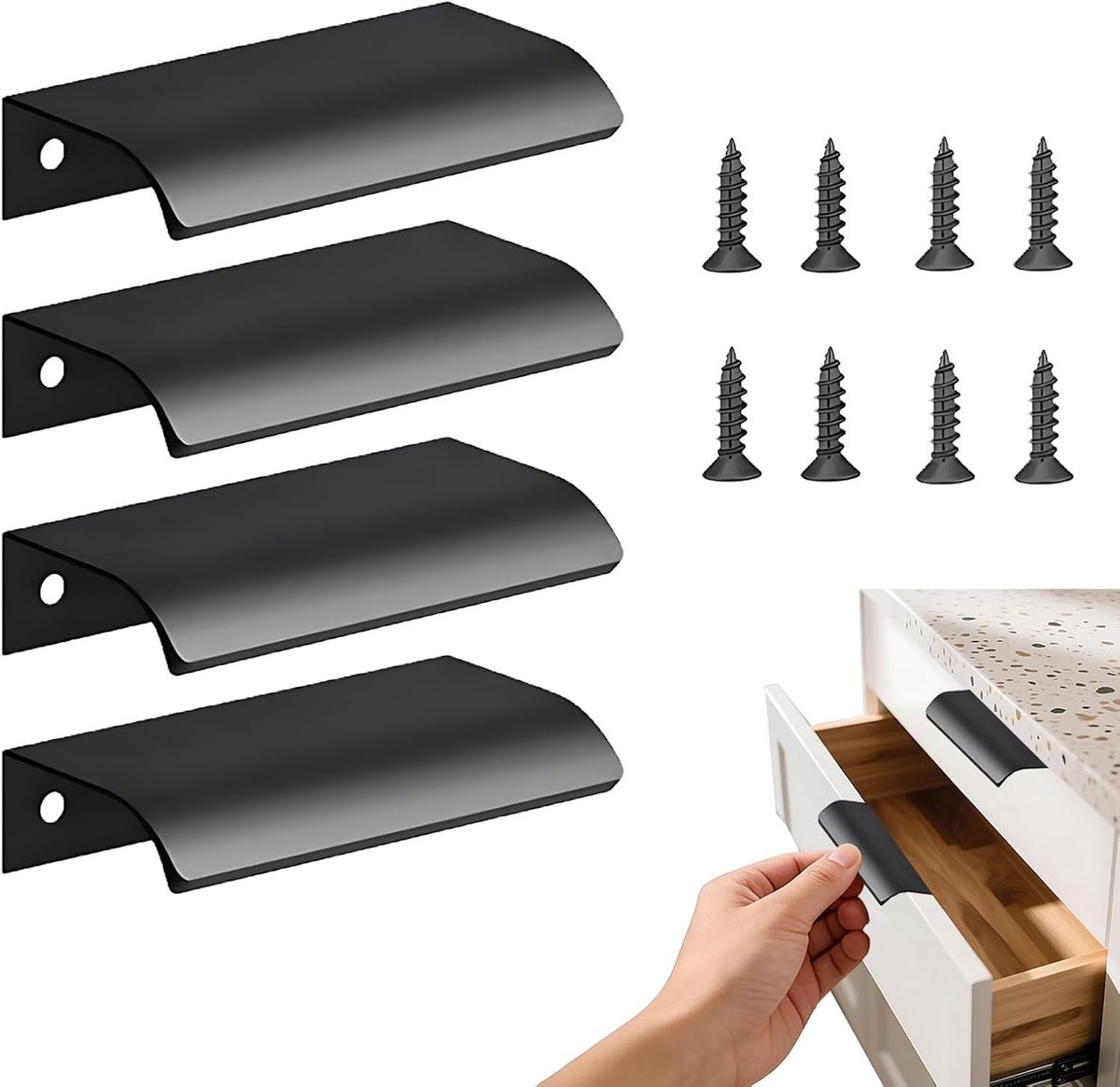 Verstevigde Versteekgrepen voor Keukenkastjes - 4 Stuks Aluminium 8x4cm - Inclusief Schroeven voor Lades en Kasten - Zwart, Geschikt voor 15-22mm Panelen