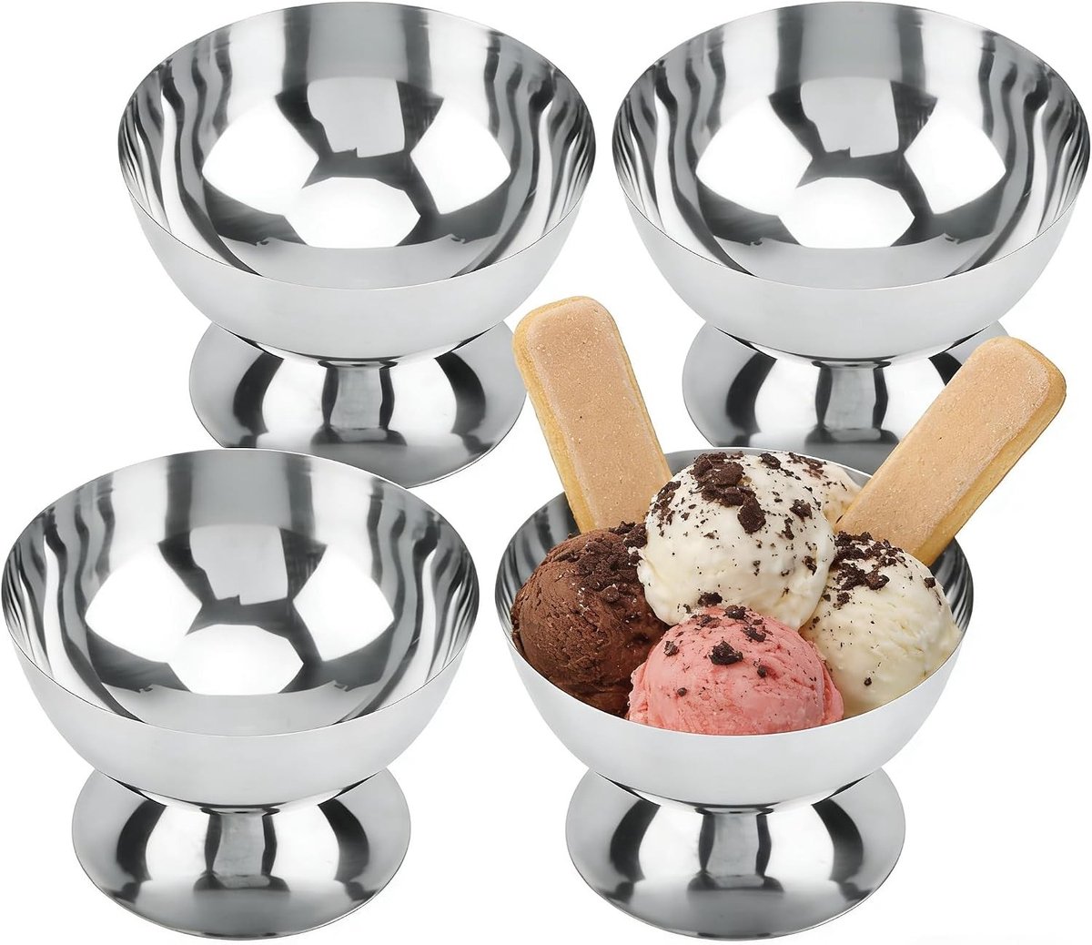 Set van 4 RVS IJsroomkommen - Diameter 10 cm - 200 ml Vintage Dessertkommen voor IJs, Sorbet, Fruit en Salades