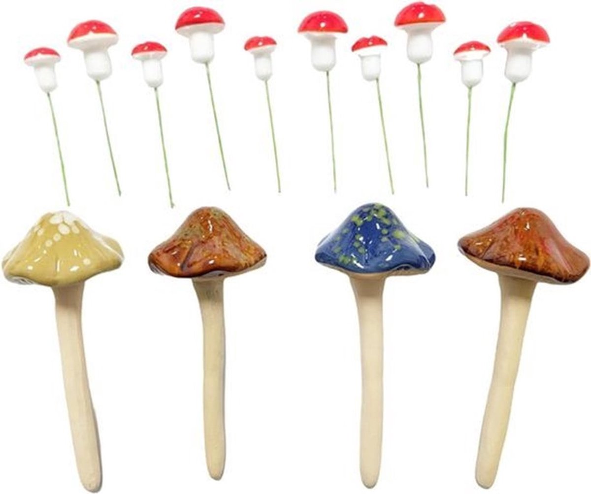Kleurrijke Tuinpaddenstoelen Set - 14 Stuks - Keramische Paddenstoel Decoratie voor Tuin