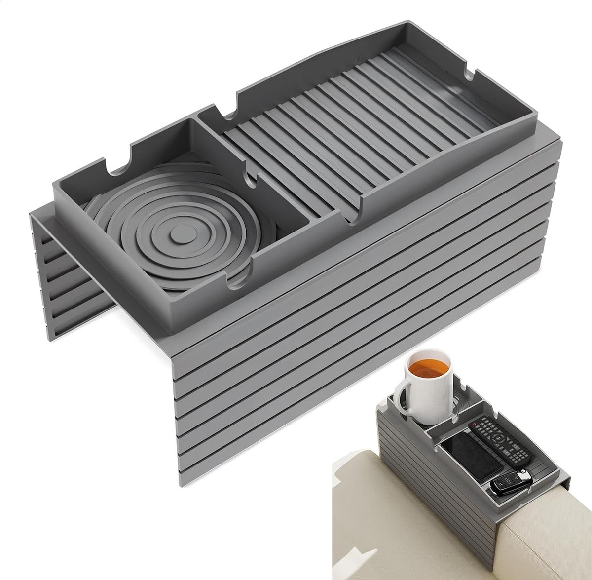 Zijsteunen voor de Bank met Antislip Silicone Tray voor Telefoon, Tablet, Snacks en Besturingselementen - Grijs