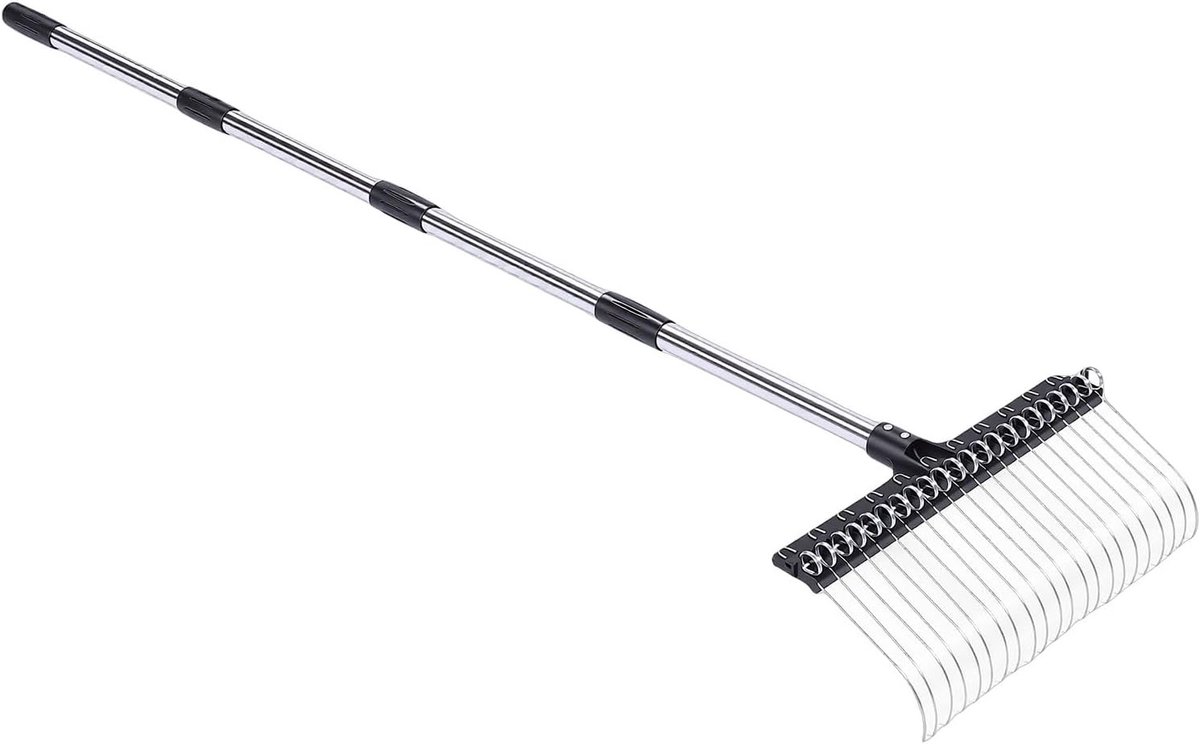Tuinhark van 41,7 cm breed van staal met schuine veerondersteuning en zelfreinigende tanden voor bladeren, mulch, dennennaalden en gazononderhoud.
