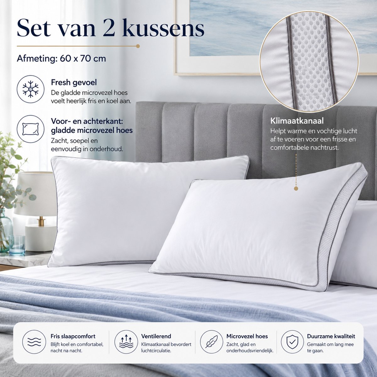 Fabric Box Premium Klimaathoofdkussen 60x70 cm – Fabric Box – Set van 2 – Koel Aanvoelend en Ventilerend – Klimaatkanalen – Microvezel