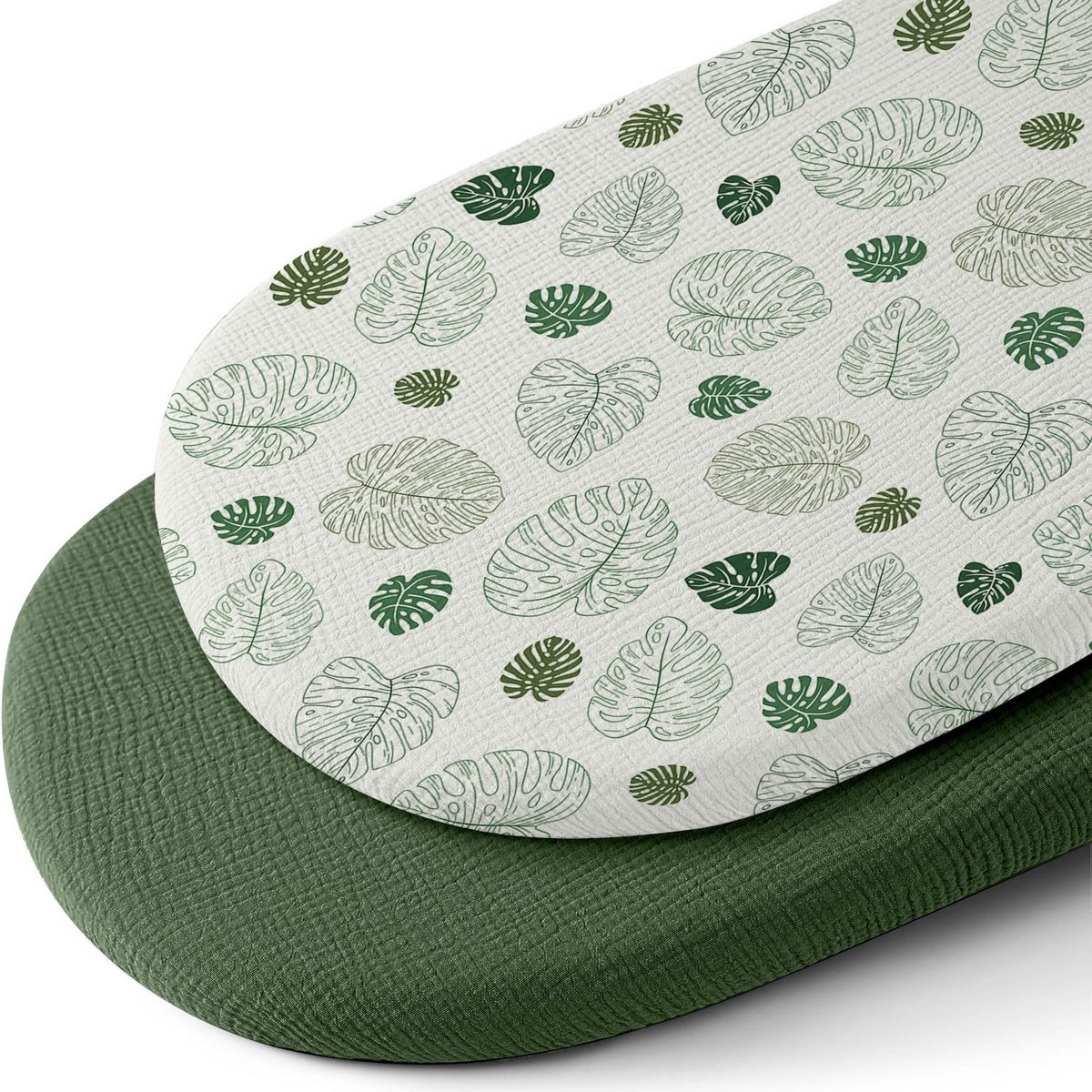 Hoes voor babynest, set van 2 stuks, rekbare omslaghoes van katoen gaas, past voor 82 × 41 cm babynest, alleen hoes, nestvulling niet inbegrepen，Rekbare gaas‑katoen hoes voor babynest，Donkergroen + Bladeren