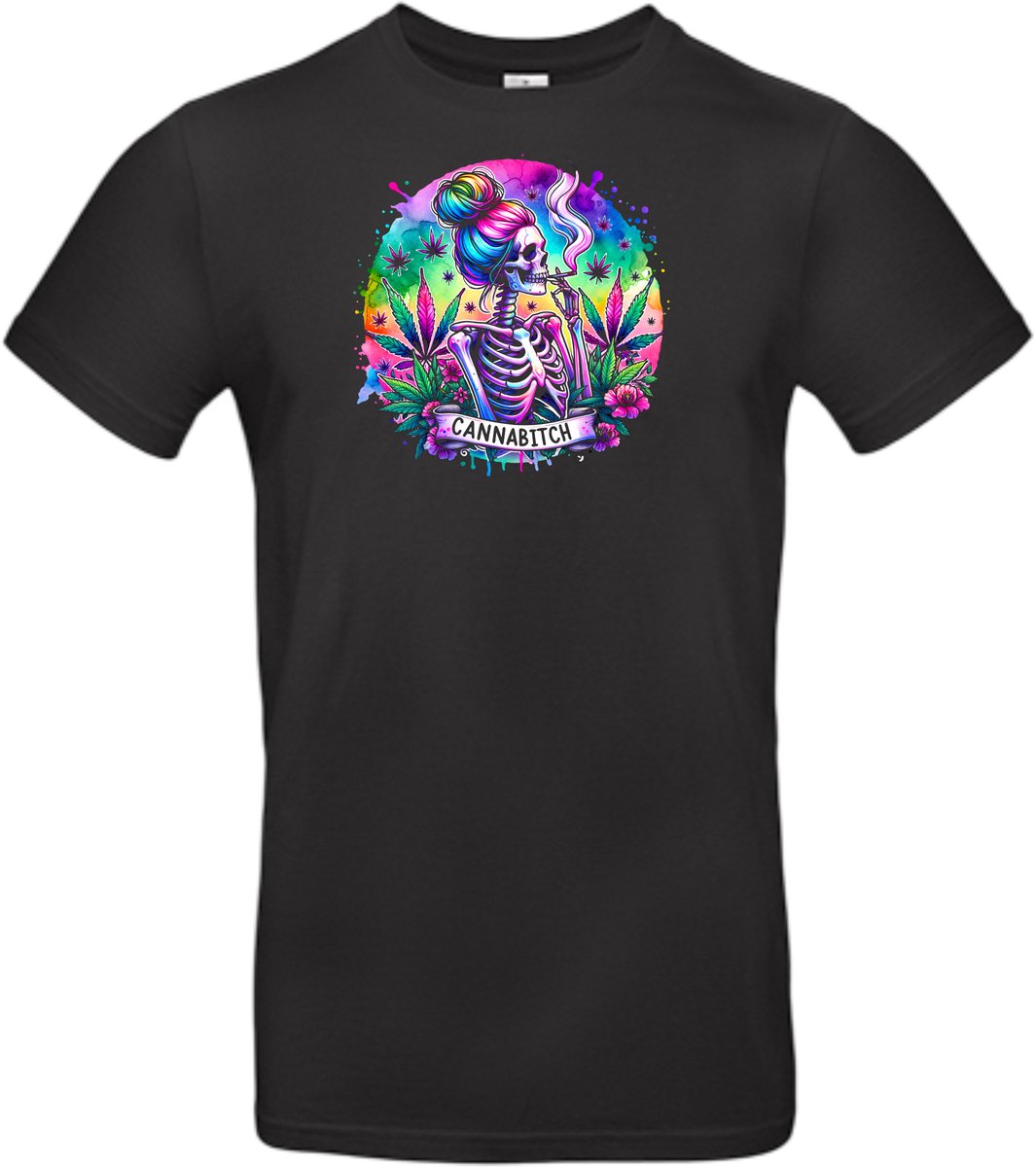 T-shirt zwart met opdruk Cannabitch, vrouwelijk skelet met kleurige wietbladeren maat S van Shirtmakelaar