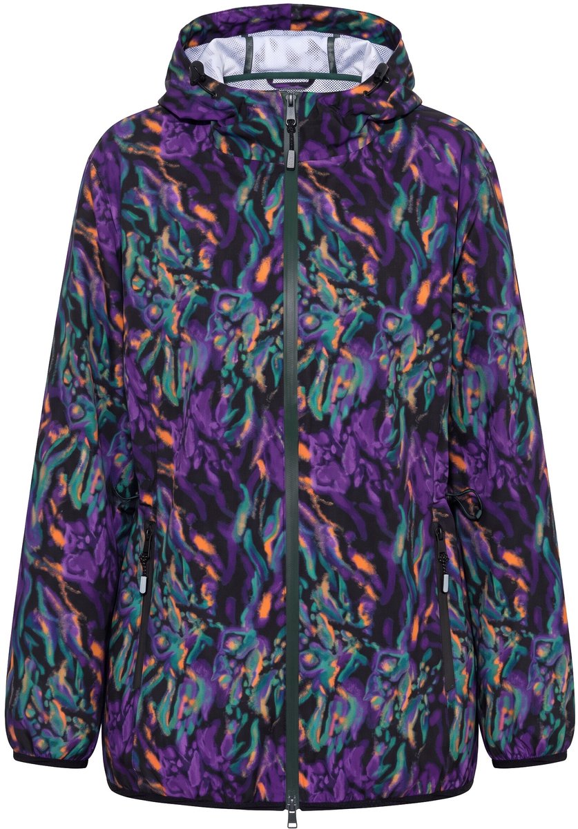 Ulla Popken - Dames - Regenjas bloemen waterdicht capuchon 2-weg ritssluiting - Zwart - Maat 54+
