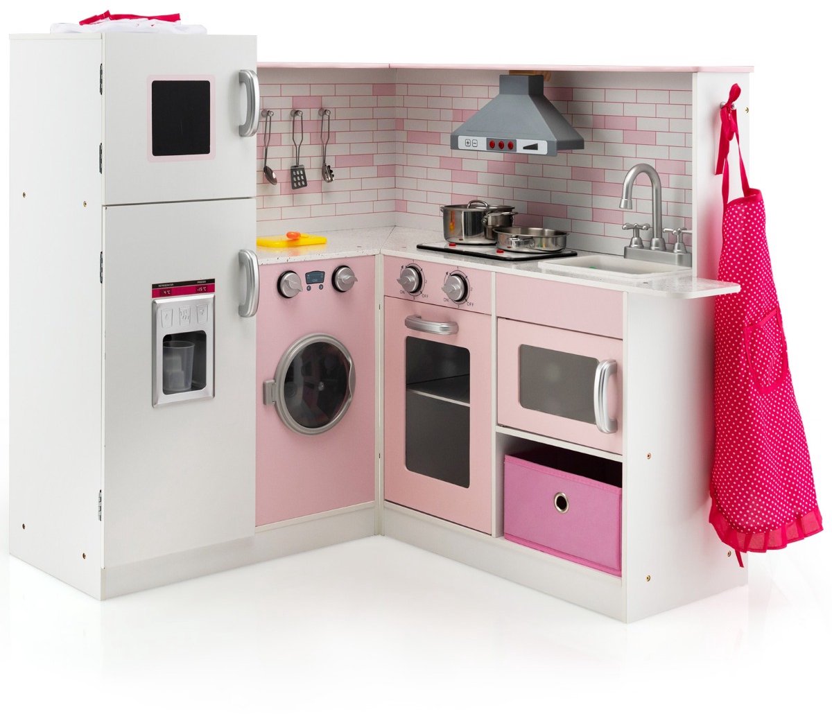 SureDeal® - Rollenspell - Hoek Speelkeuken - Geluid - Licht Kinderkeuken Hout - Schort - Speelaccessoires - Kinderen Vanaf Jaar - Wit + Roze