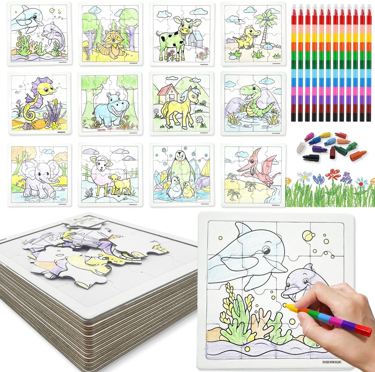12 Stuks Puzzels en Kleurpotloden - Creatief Speelgoed voor Kinderen