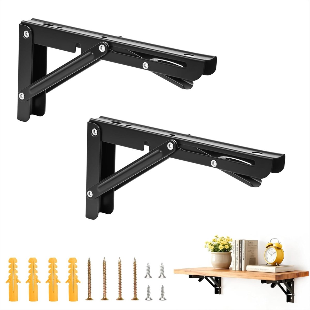 Vouwbare metalen planken voor wandmontage - Ruimtebesparend voor werkbank, keuken en garage - Set van 2 zwarte planken