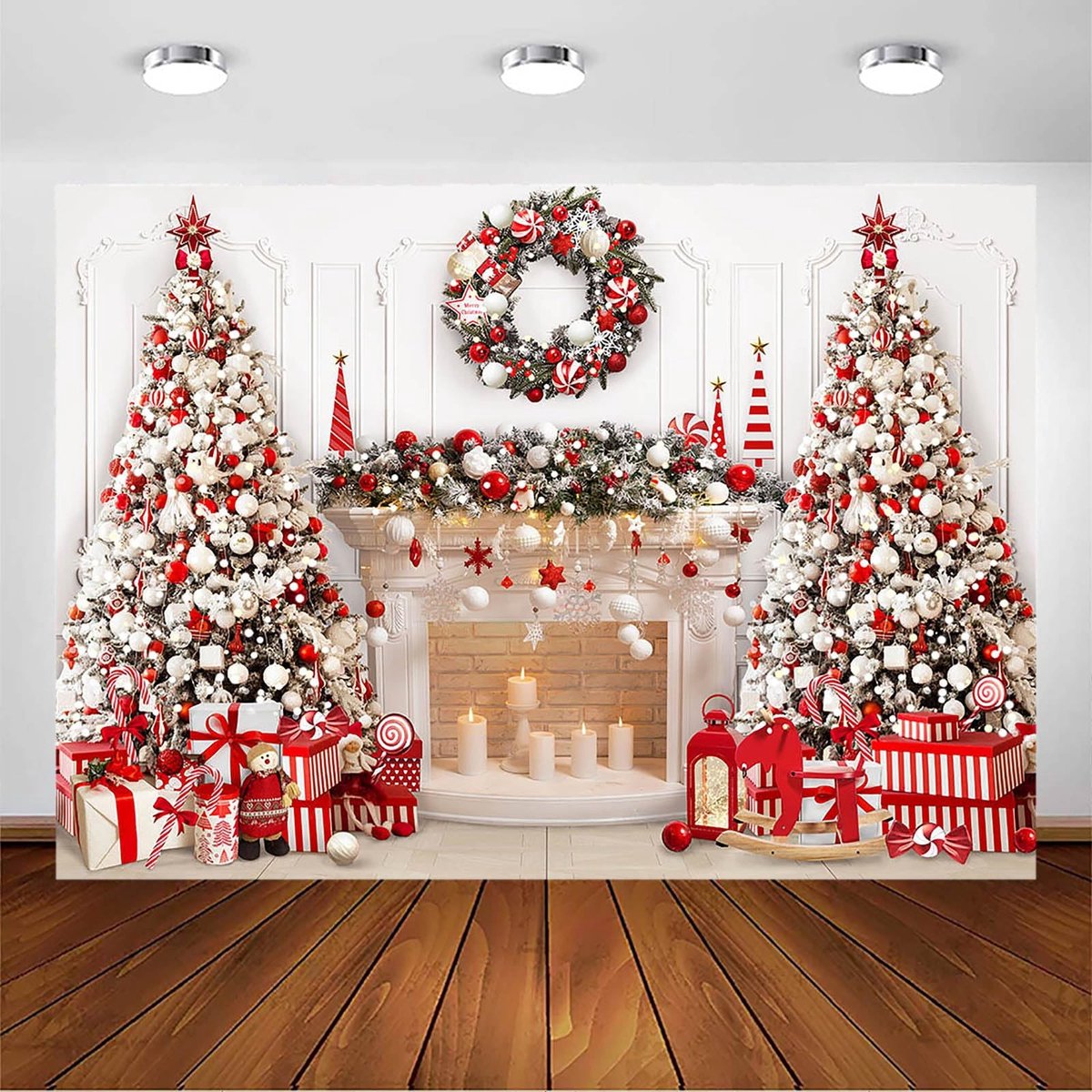 Achtergrond voor kerstdecoratie - Rode boom en openhaard - 7x5ft